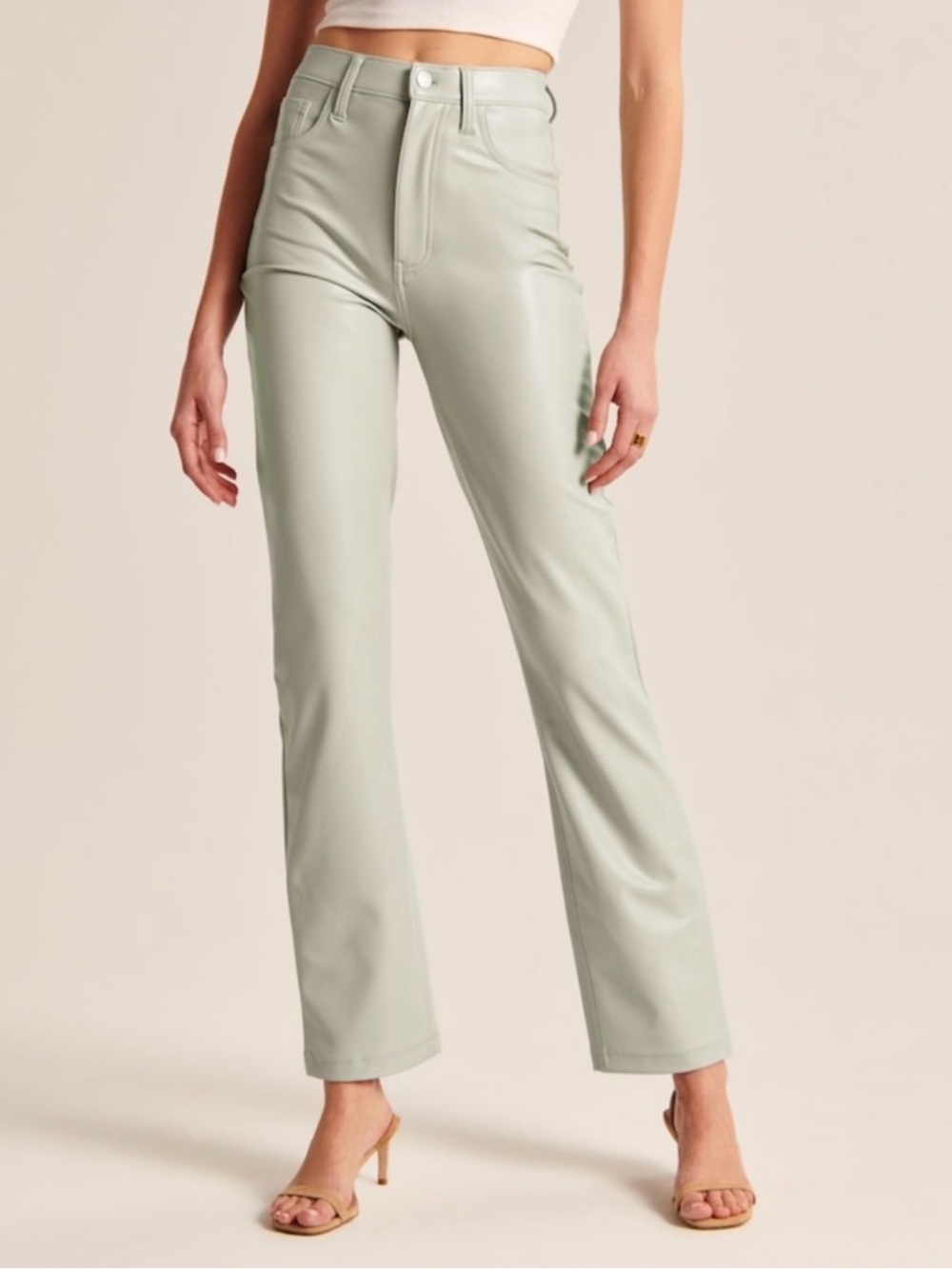Abercrombie & Fitch Vegan Leather Straight Leg Pant in Sage Green